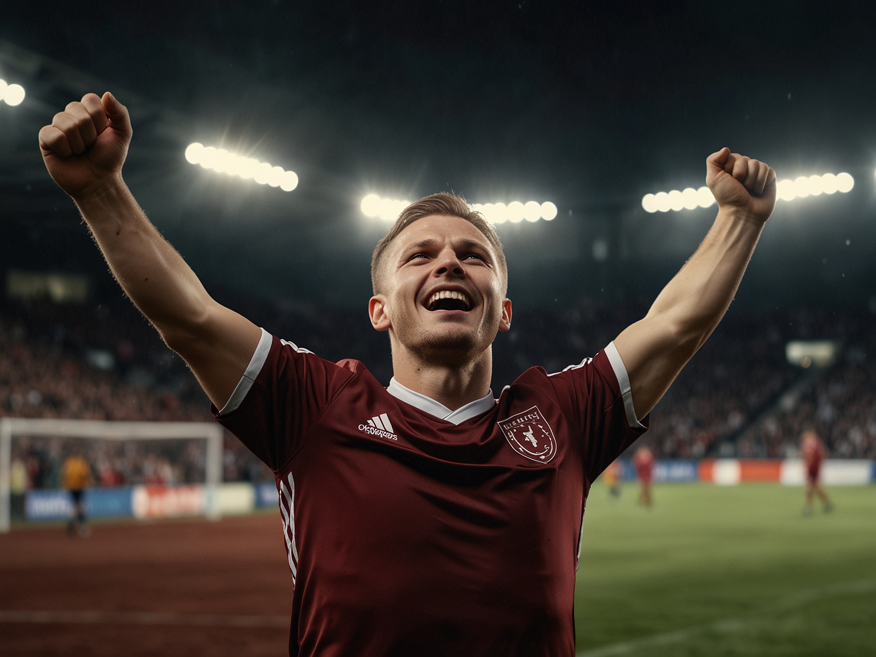 Latvian player celebrating a win in a stadium